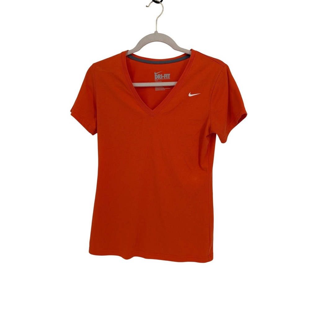 Nike Dri-FIT Shirt Womens Medium Orange V-Neck Tee TShirt Short Sleeve